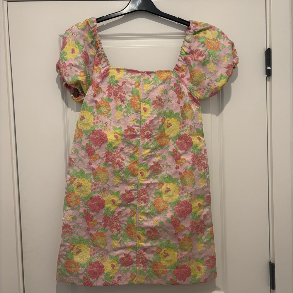 THML Floral Puff Sleeve Mini Dress - Pink, Yellow, Green